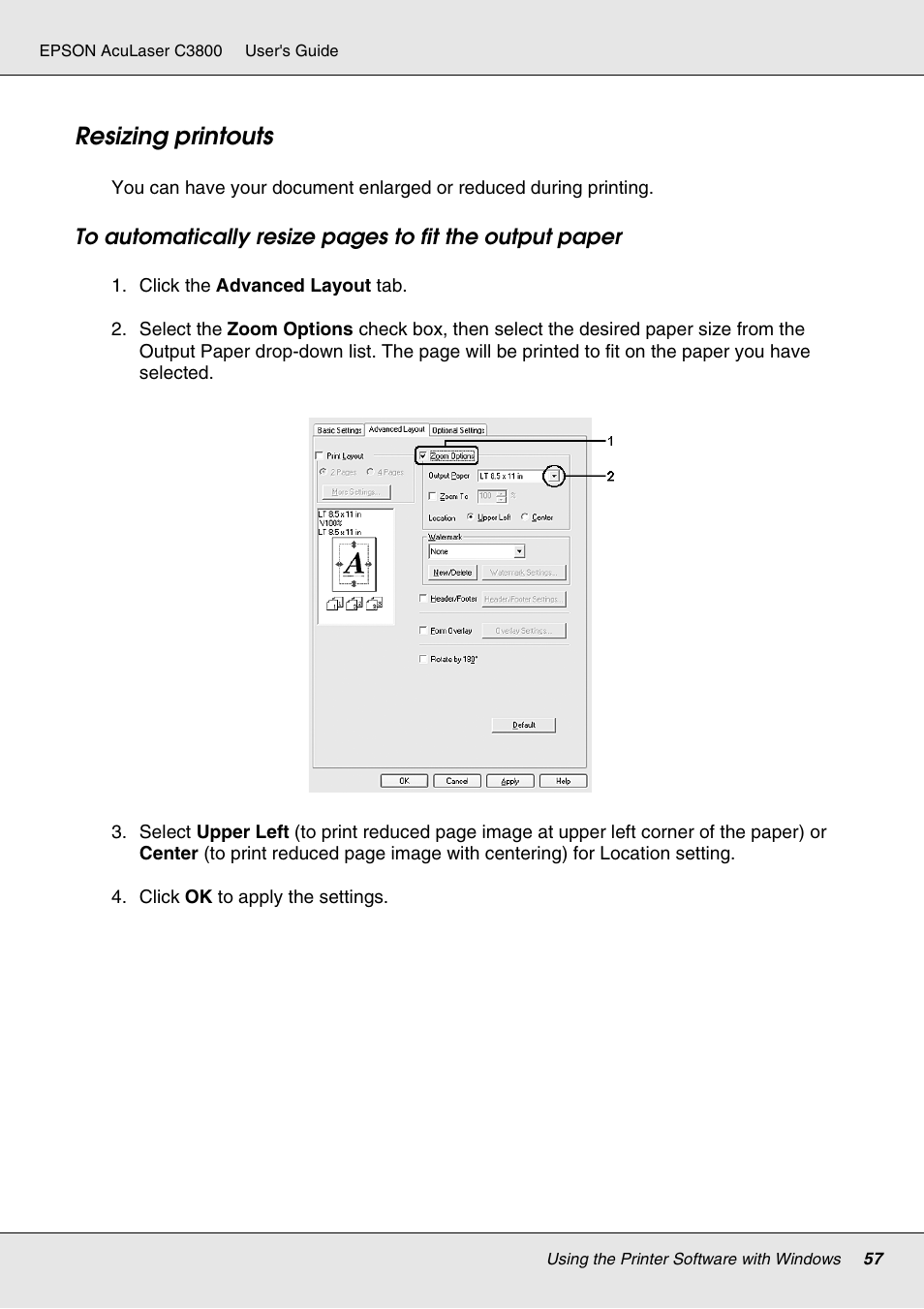 Resizing printouts | Epson ACULASER C3800 User Manual | Page 57 / 302