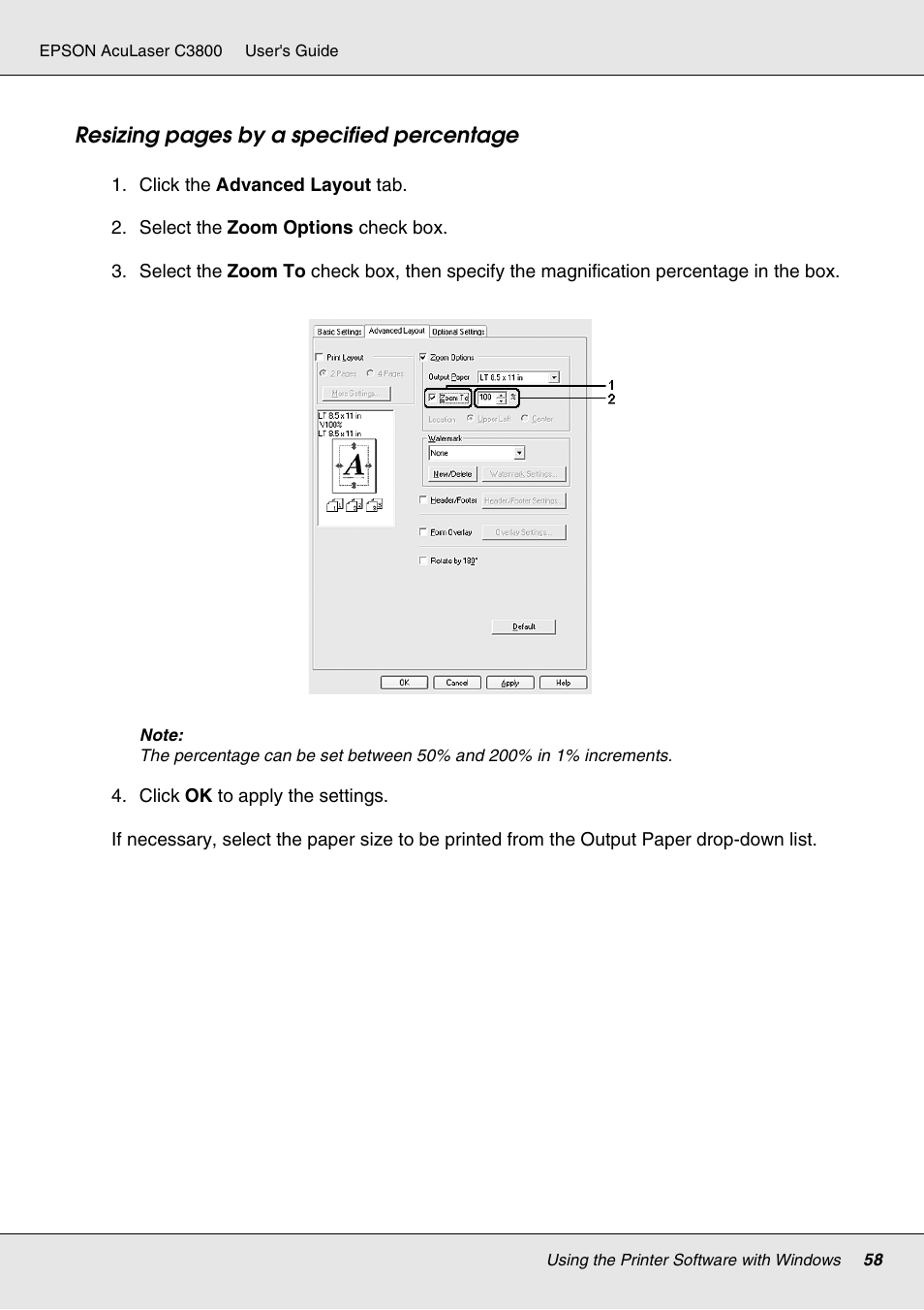 Resizing pages by a specified percentage | Epson ACULASER C3800 User Manual | Page 58 / 302