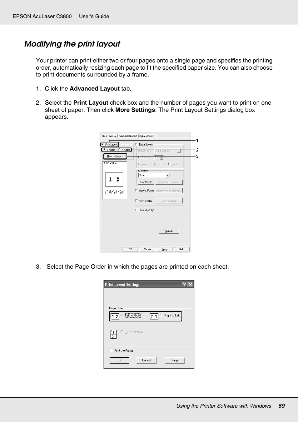Modifying the print layout | Epson ACULASER C3800 User Manual | Page 59 / 302
