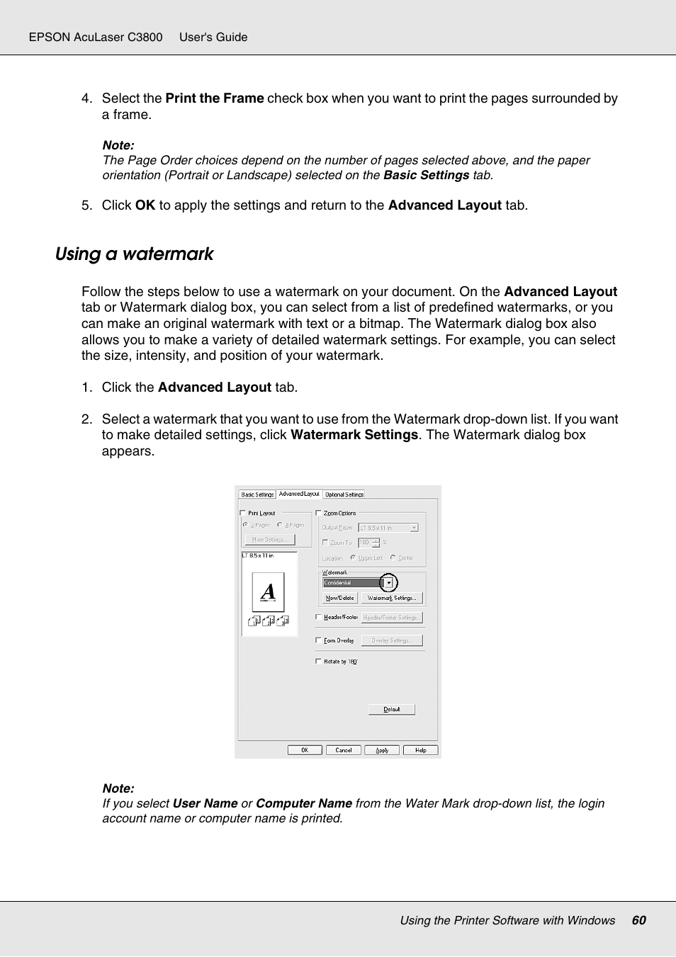 Using a watermark | Epson ACULASER C3800 User Manual | Page 60 / 302
