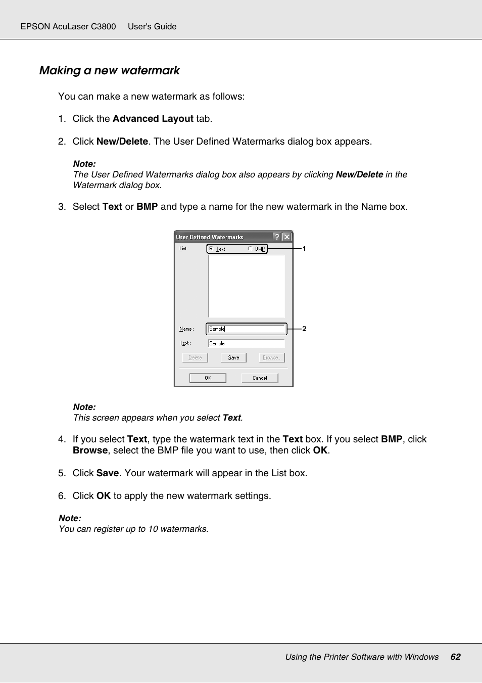 Making a new watermark | Epson ACULASER C3800 User Manual | Page 62 / 302