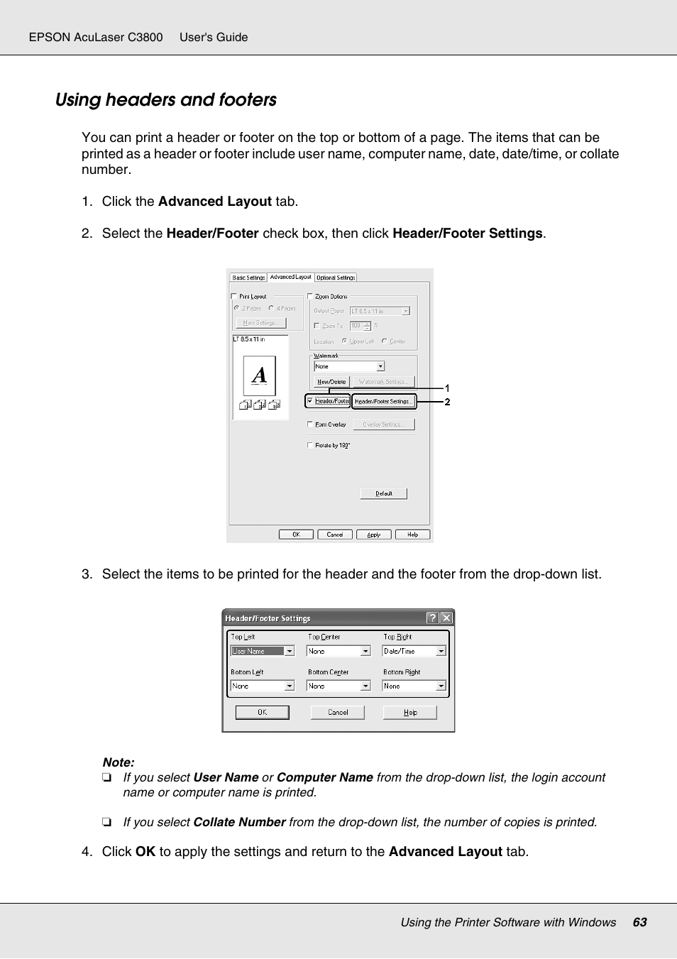Using headers and footers | Epson ACULASER C3800 User Manual | Page 63 / 302