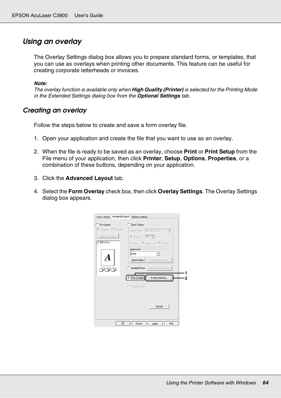 Using an overlay | Epson ACULASER C3800 User Manual | Page 64 / 302