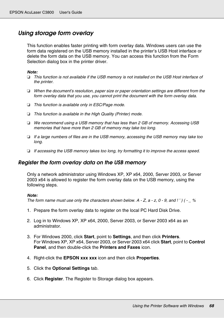 Using storage form overlay | Epson ACULASER C3800 User Manual | Page 68 / 302