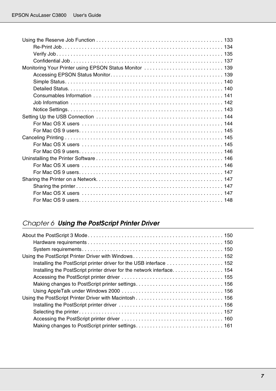 Chapter 6 using the postscript printer driver | Epson ACULASER C3800 User Manual | Page 7 / 302