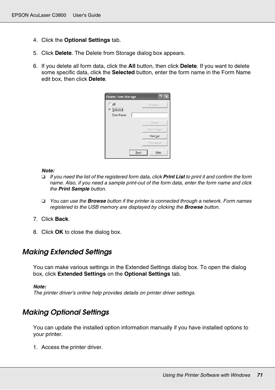 Making extended settings, Making optional settings, Making extended settings making optional settings | Epson ACULASER C3800 User Manual | Page 71 / 302