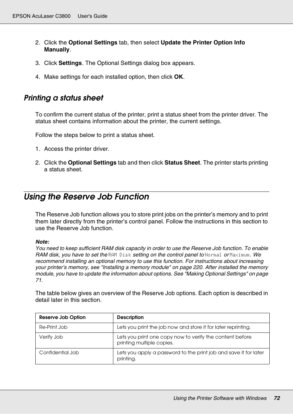 Printing a status sheet, Using the reserve job function | Epson ACULASER C3800 User Manual | Page 72 / 302