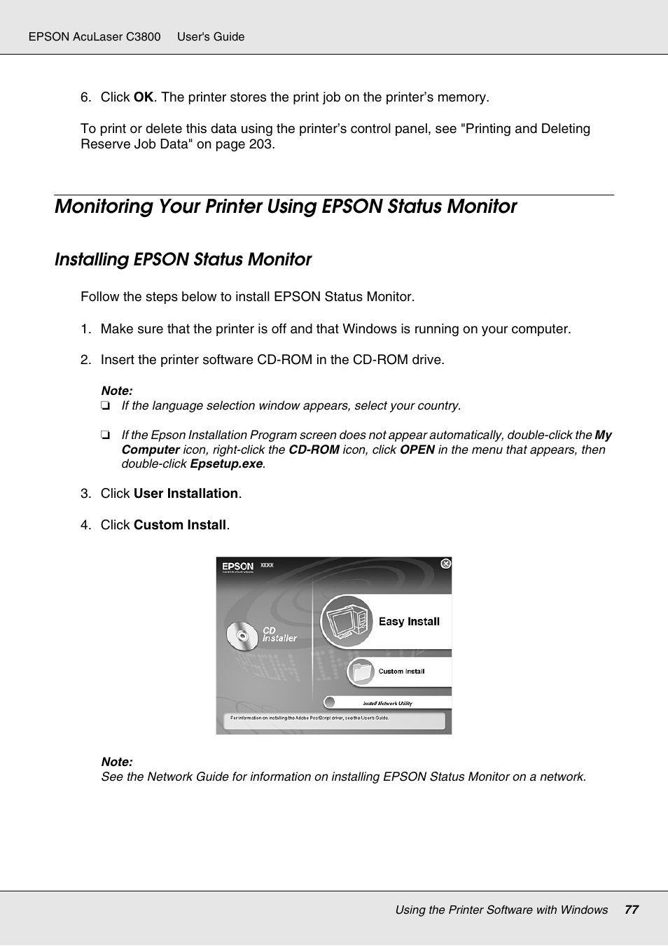 Monitoring your printer using epson status monitor, Installing epson status monitor | Epson ACULASER C3800 User Manual | Page 77 / 302