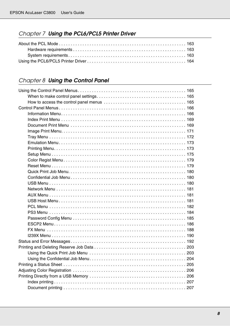 Chapter 7 using the pcl6/pcl5 printer driver, Chapter 8 using the control panel | Epson ACULASER C3800 User Manual | Page 8 / 302