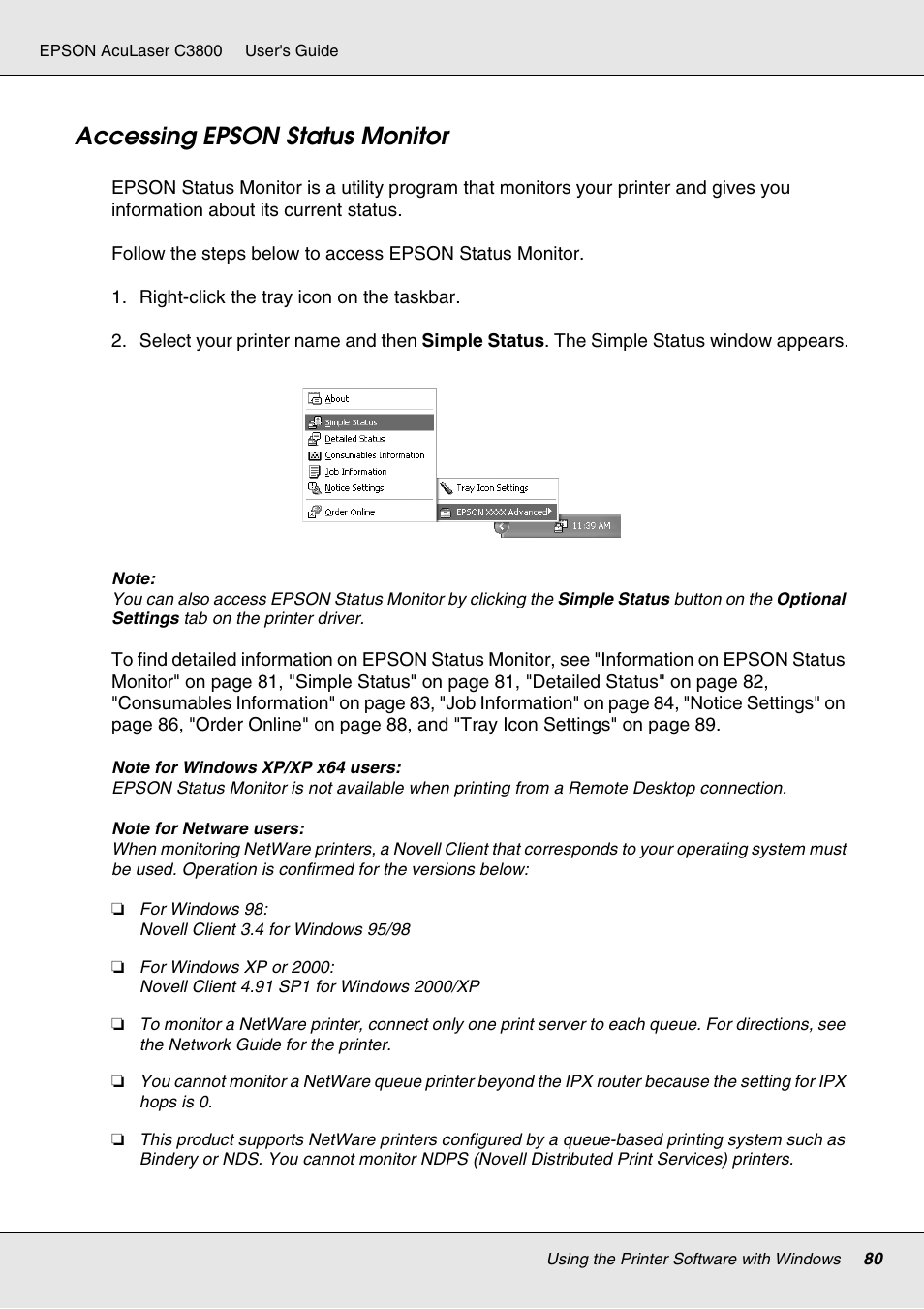 Accessing epson status monitor | Epson ACULASER C3800 User Manual | Page 80 / 302