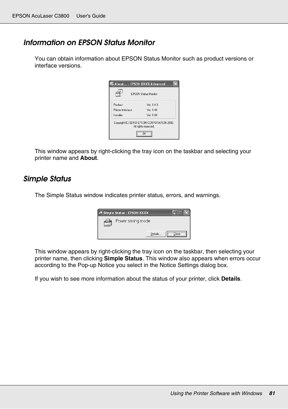 Information on epson status monitor, Simple status, Information on epson status monitor simple status | Epson ACULASER C3800 User Manual | Page 81 / 302