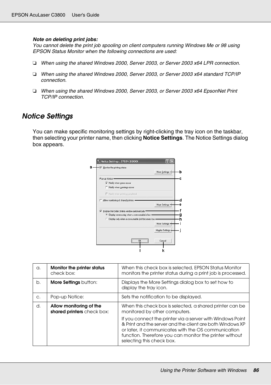 Notice settings | Epson ACULASER C3800 User Manual | Page 86 / 302