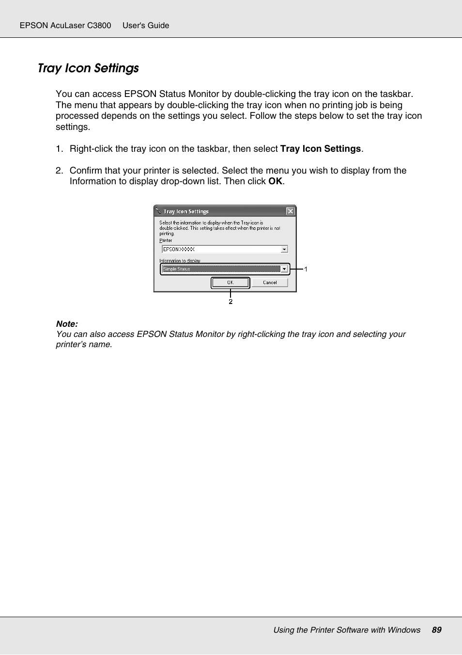 Tray icon settings | Epson ACULASER C3800 User Manual | Page 89 / 302