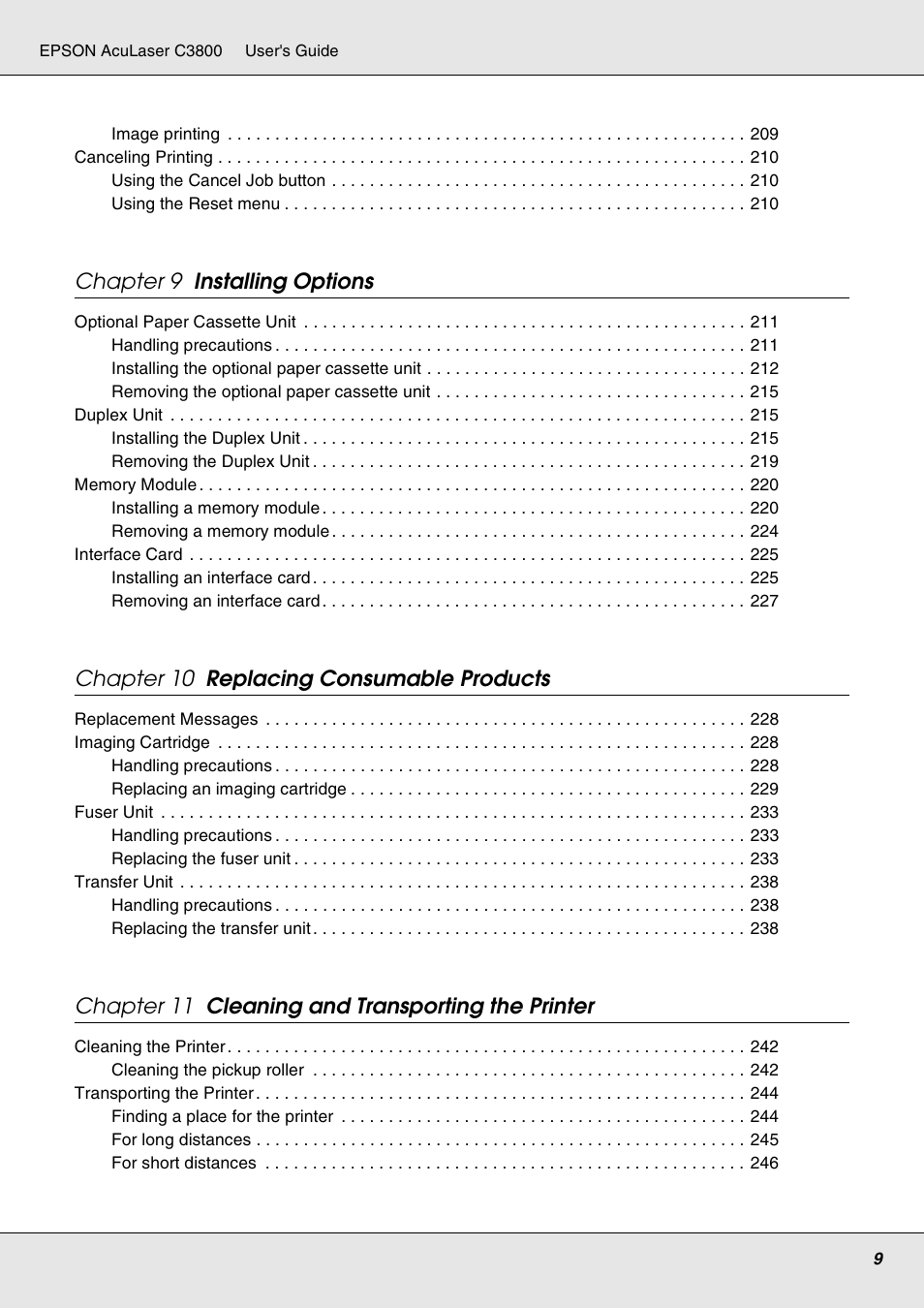 Chapter 9 installing options, Chapter 10 replacing consumable products, Chapter 11 cleaning and transporting the printer | Epson ACULASER C3800 User Manual | Page 9 / 302