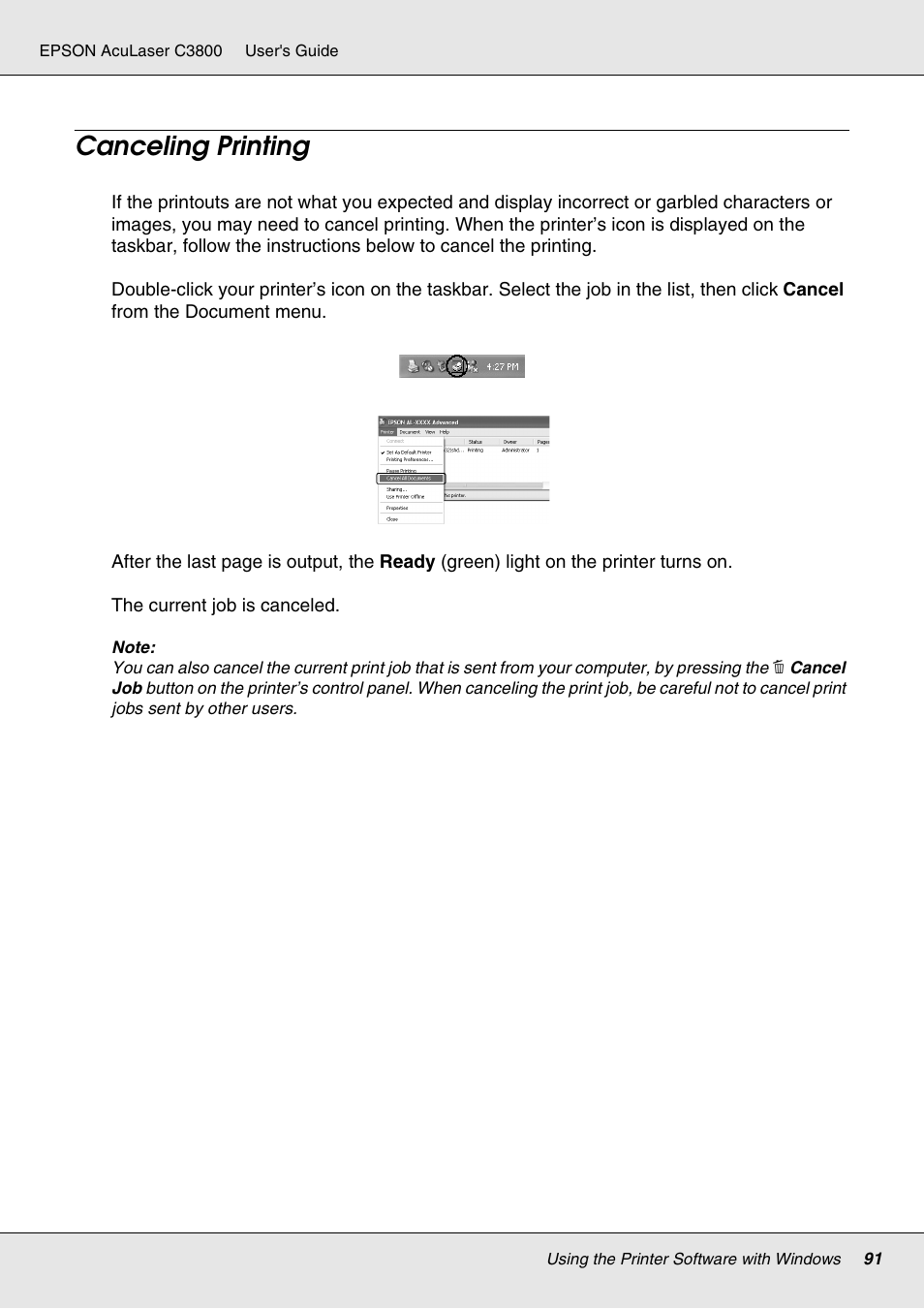 Canceling printing | Epson ACULASER C3800 User Manual | Page 91 / 302