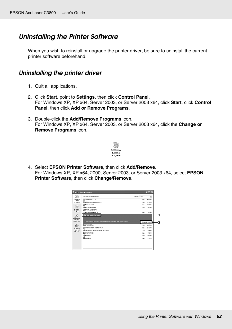 Uninstalling the printer software, Uninstalling the printer driver | Epson ACULASER C3800 User Manual | Page 92 / 302