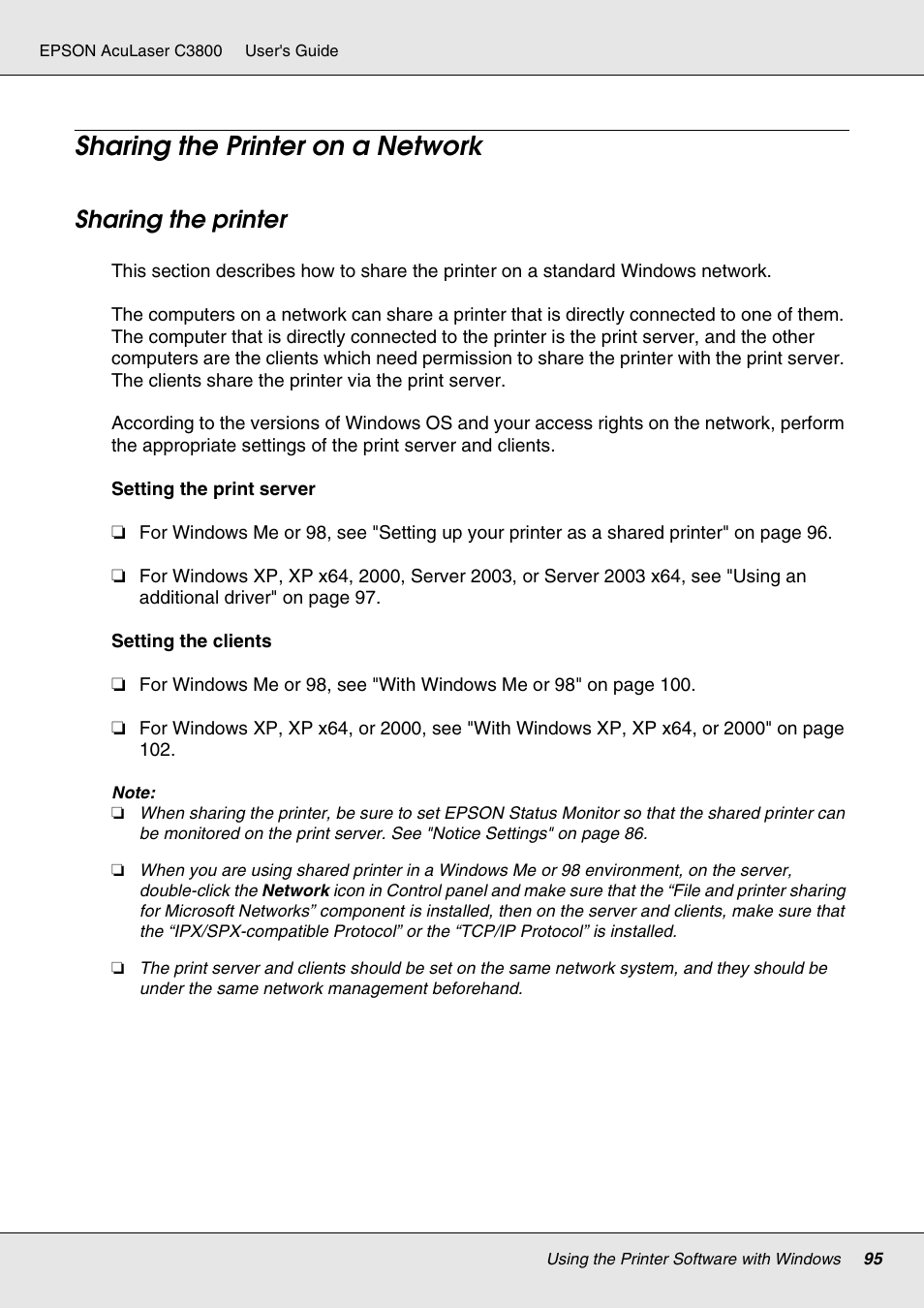 Sharing the printer on a network, Sharing the printer | Epson ACULASER C3800 User Manual | Page 95 / 302
