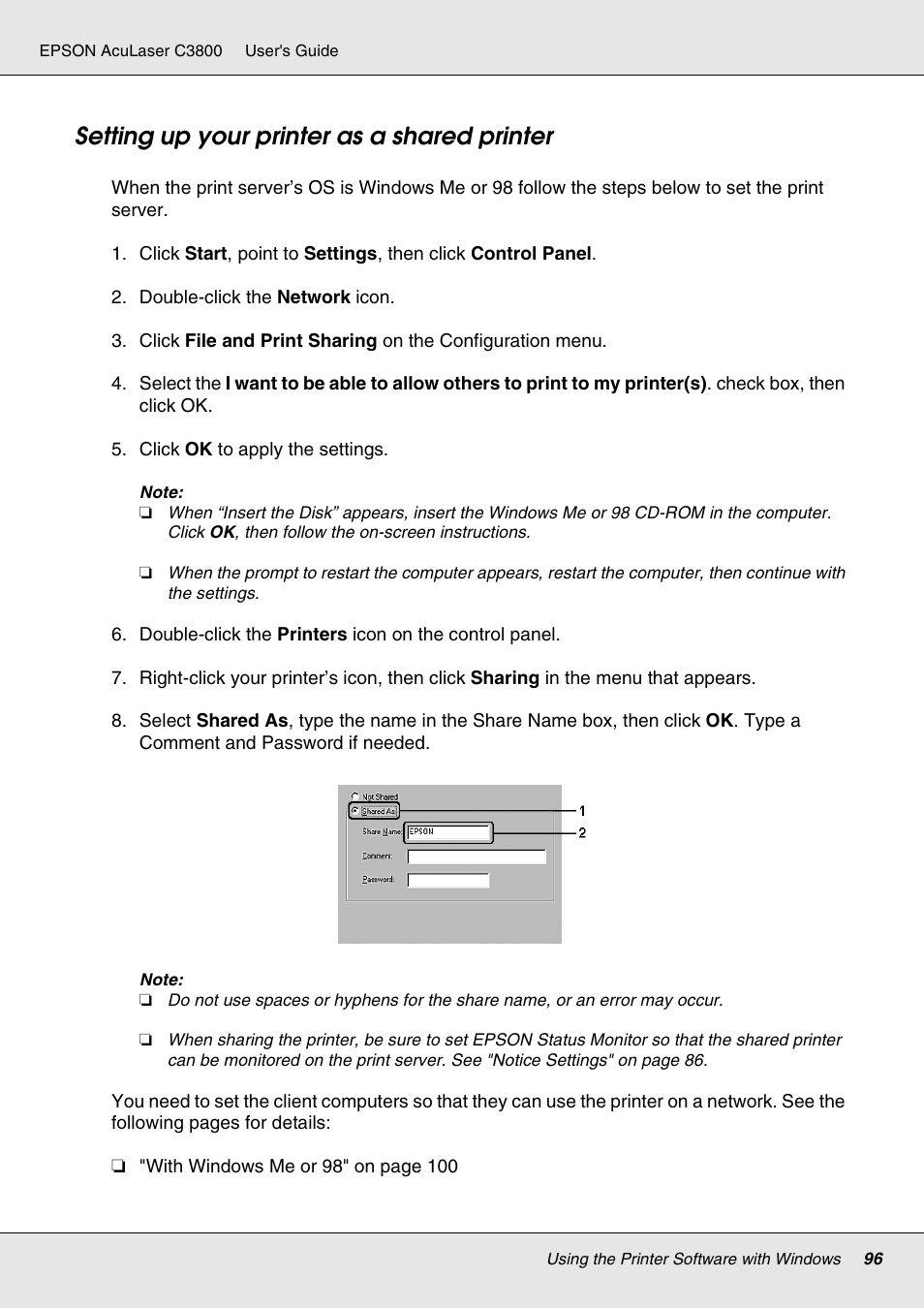 Setting up your printer as a shared printer | Epson ACULASER C3800 User Manual | Page 96 / 302