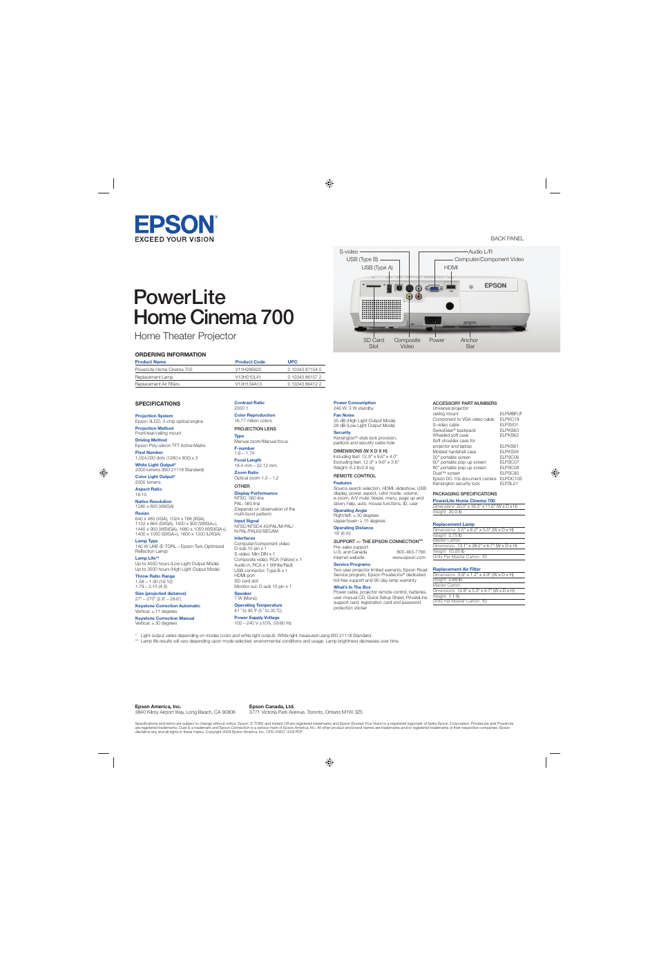 Powerlite home cinema 700, Home theater projector | Epson PhotoPC 700 User Manual | Page 2 / 2