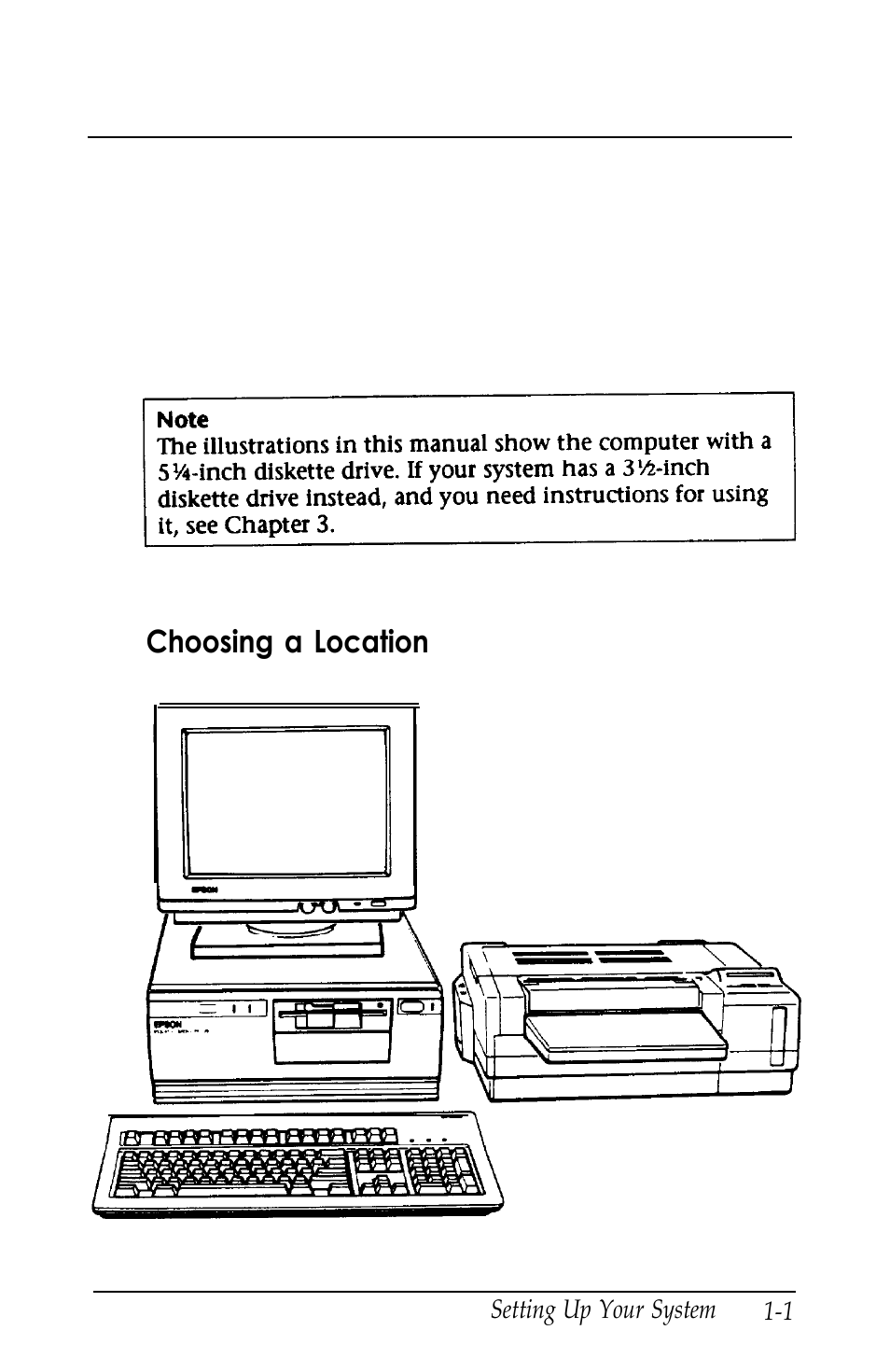 Chap-1 setting up your system, Choosing a location, Setting up your system | Chapter 1 | Epson Equity 320SX PLUS User Manual | Page 18 / 230