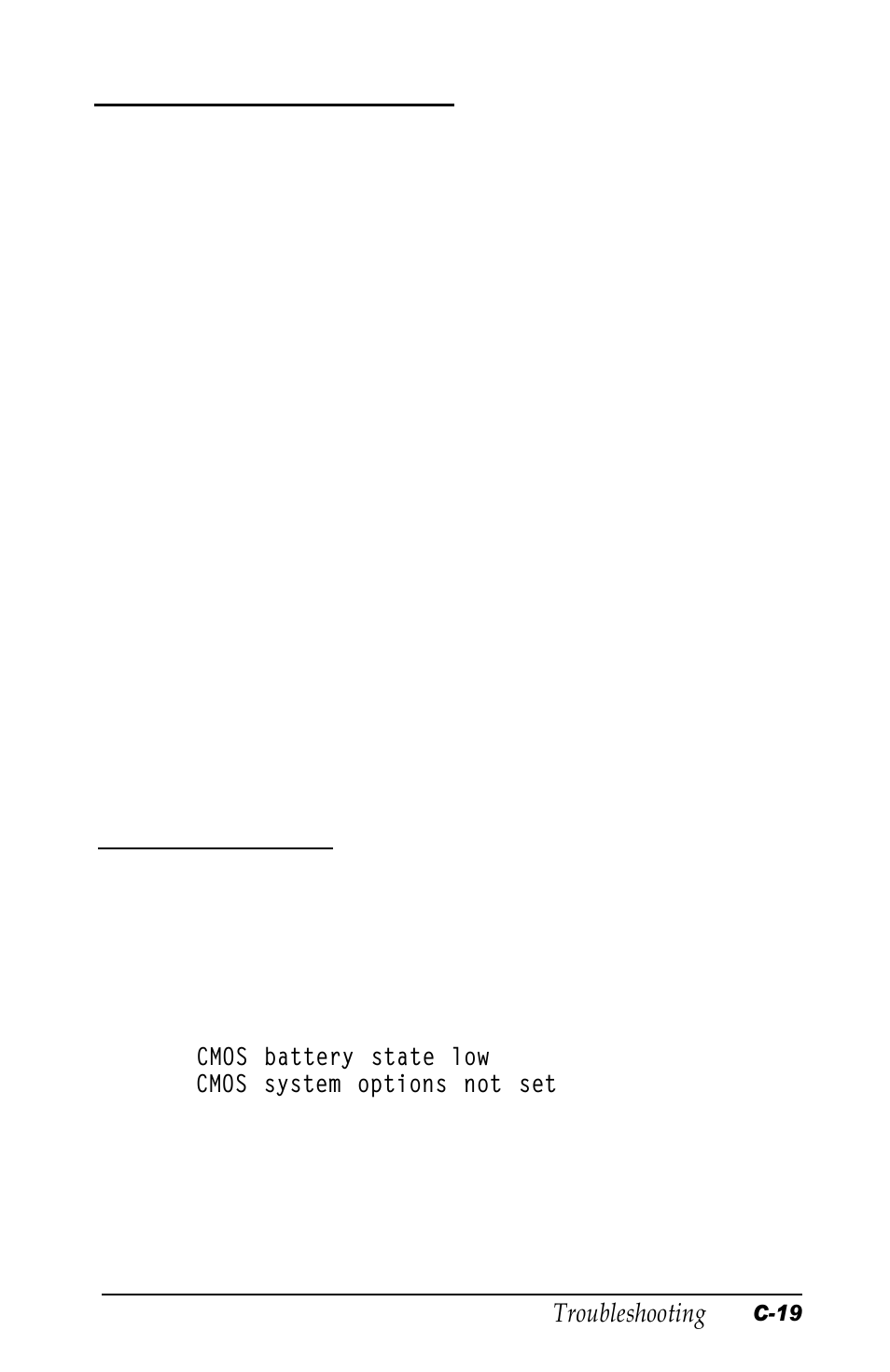 Memory module problems, Battery problems, C-19 | Epson Equity 320SX PLUS User Manual | Page 204 / 230
