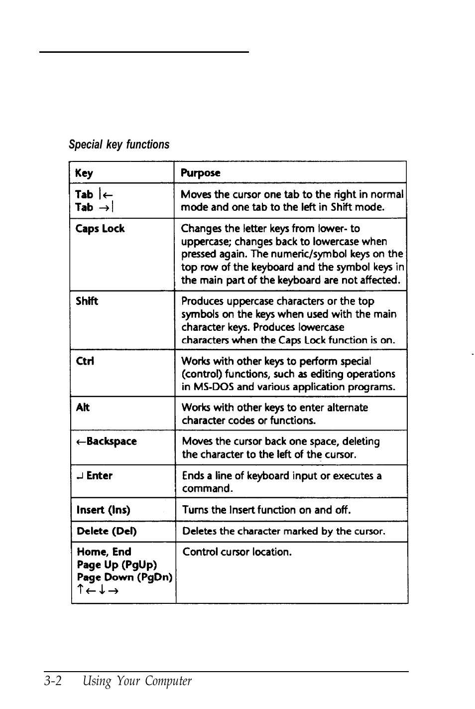 Special keys on the keyboard | Epson Equity 320SX PLUS User Manual | Page 54 / 230