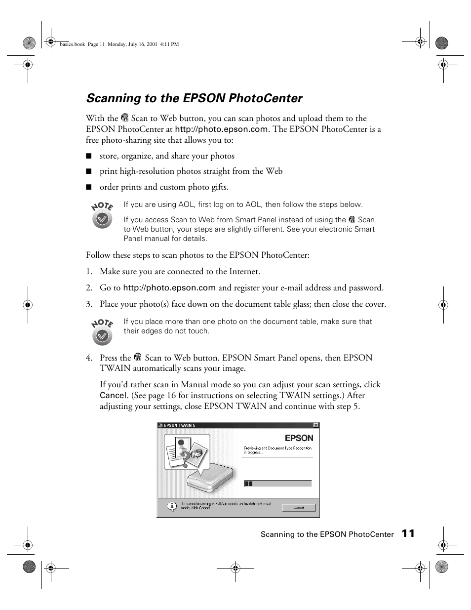 Scanning to the epson photocenter | Epson 1250 User Manual | Page 15 / 48