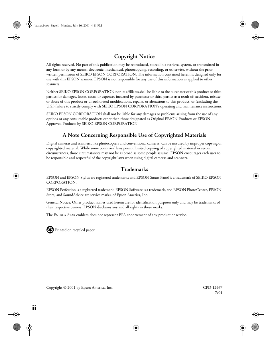 Copyright notice, Trademarks | Epson 1250 User Manual | Page 2 / 48