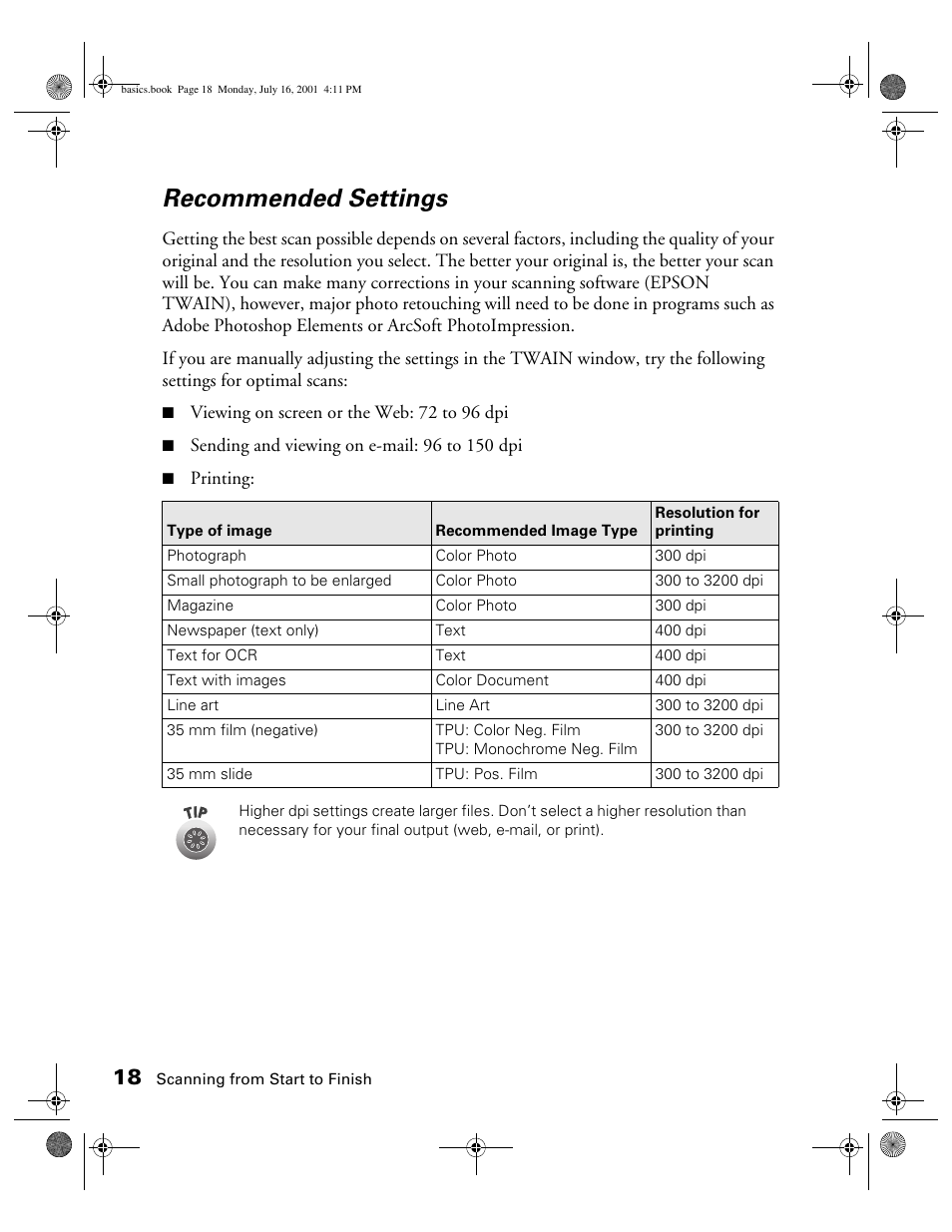 Recommended settings | Epson 1250 User Manual | Page 22 / 48