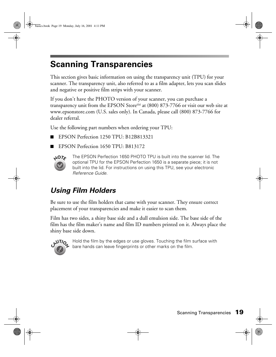 Scanning transparencies, Using film holders | Epson 1250 User Manual | Page 23 / 48