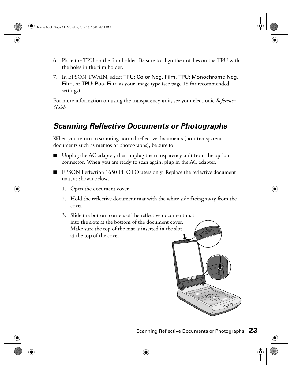 Scanning reflective documents or photographs | Epson 1250 User Manual | Page 27 / 48