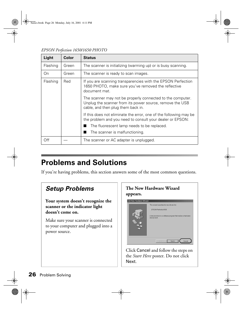 Problems and solutions, Setup problems | Epson 1250 User Manual | Page 30 / 48