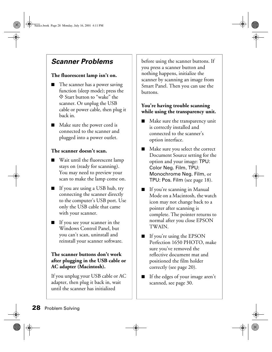 Scanner problems | Epson 1250 User Manual | Page 32 / 48