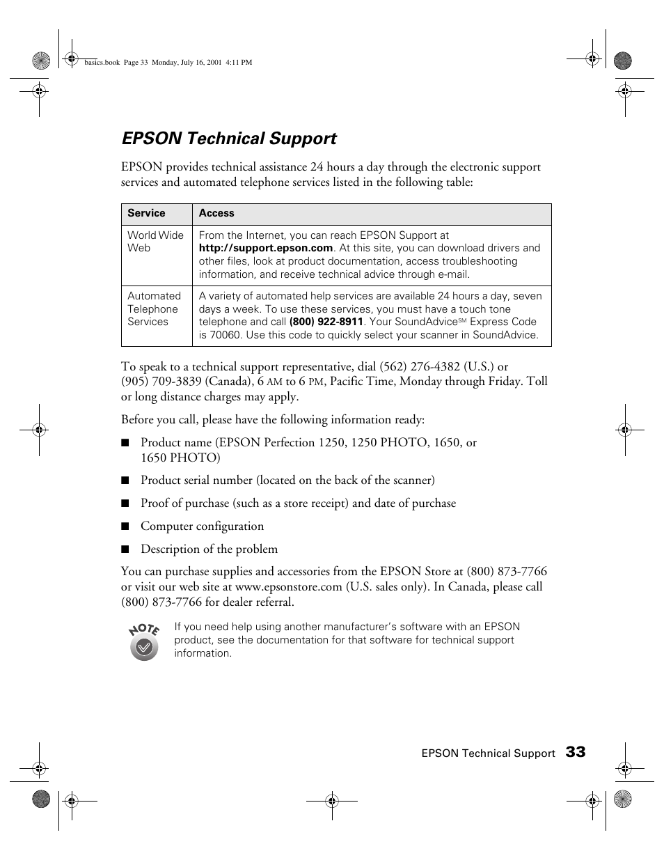 Epson technical support | Epson 1250 User Manual | Page 37 / 48