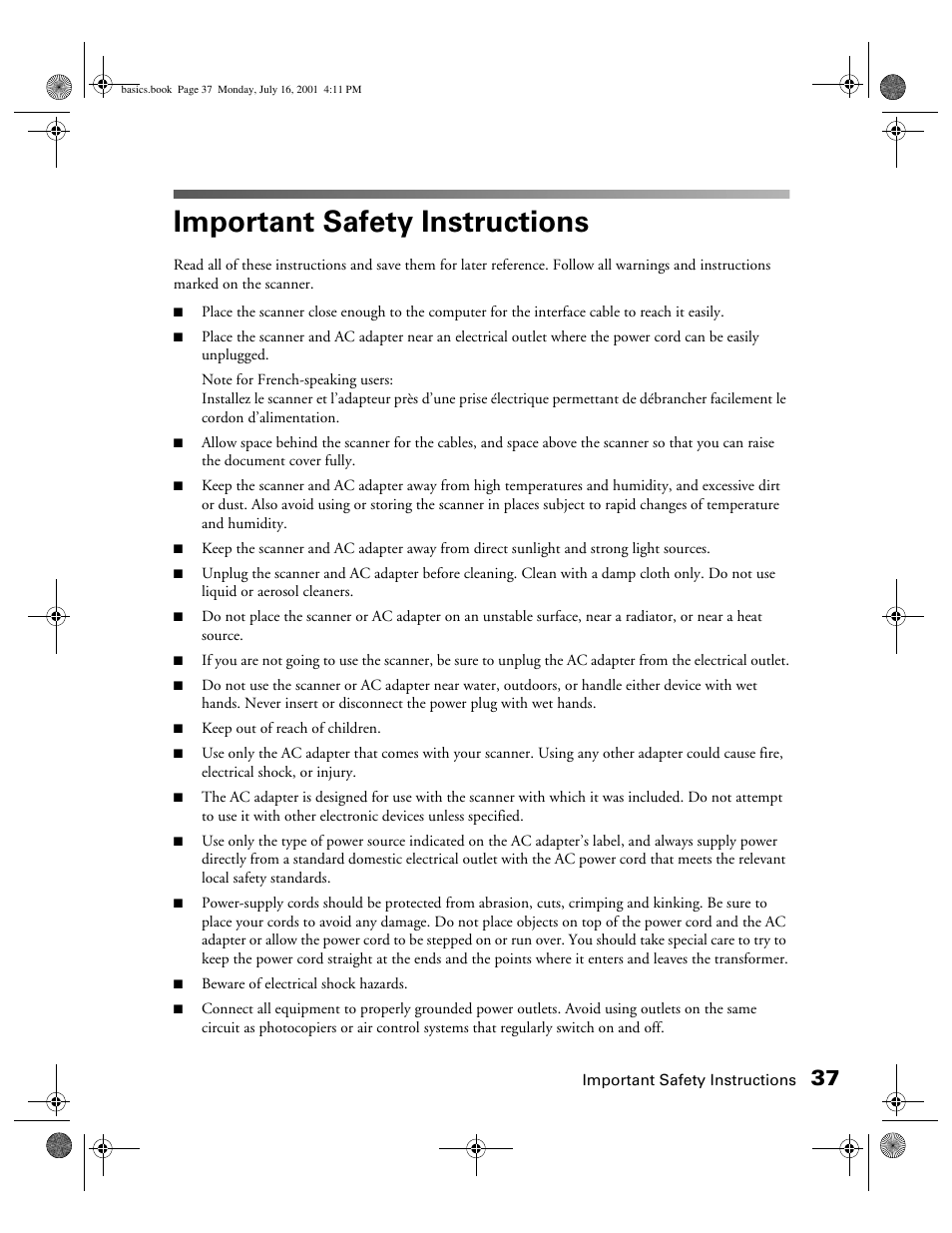 Important safety instructions | Epson 1250 User Manual | Page 41 / 48