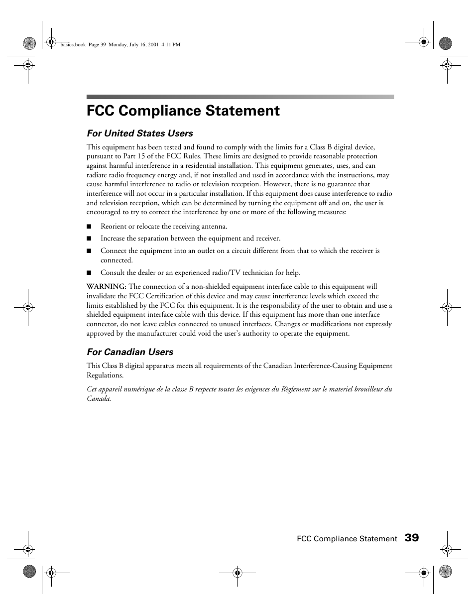 Fcc compliance statement | Epson 1250 User Manual | Page 43 / 48