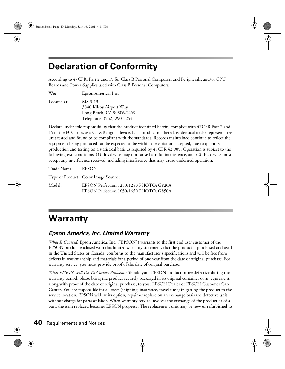 Declaration of conformity, Warranty | Epson 1250 User Manual | Page 44 / 48