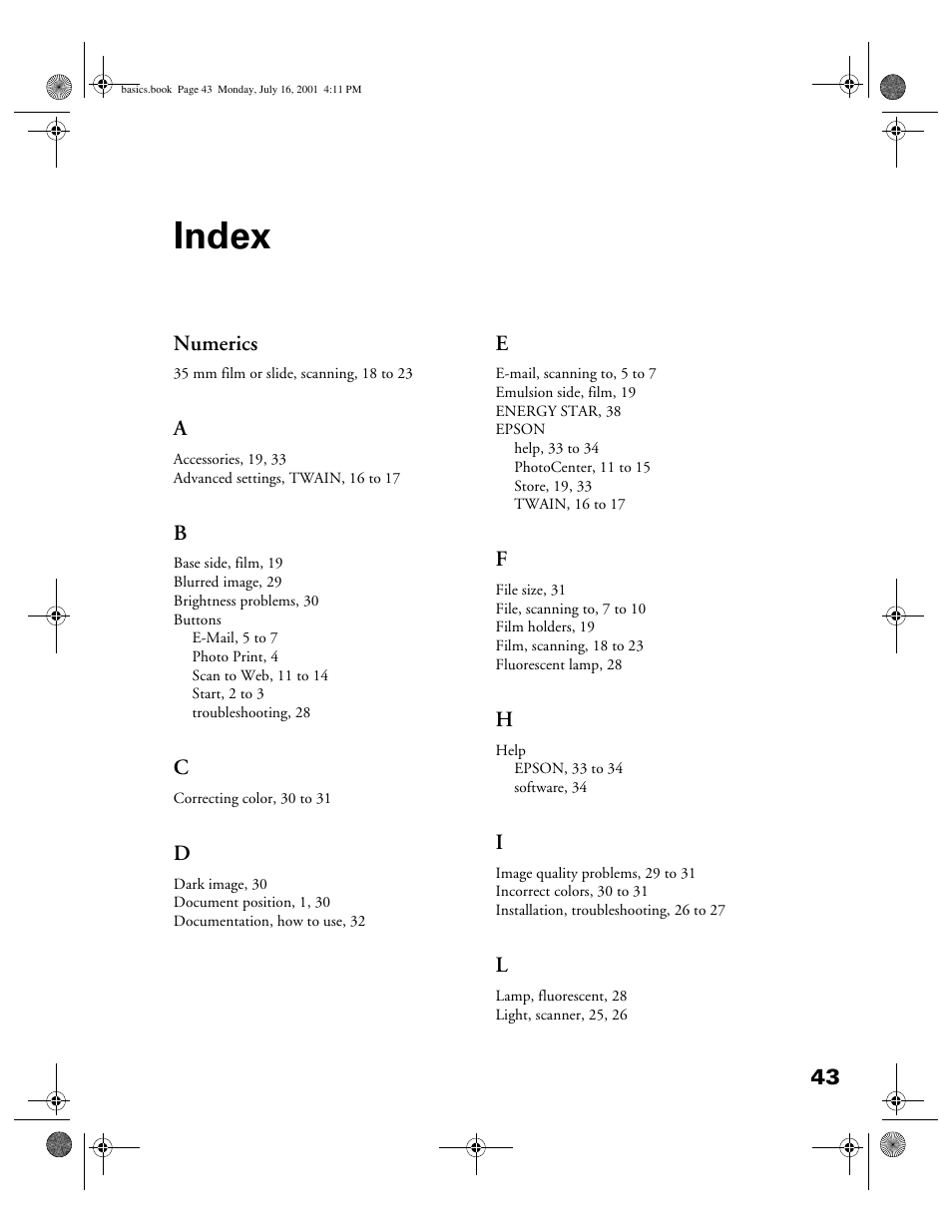 Index | Epson 1250 User Manual | Page 47 / 48