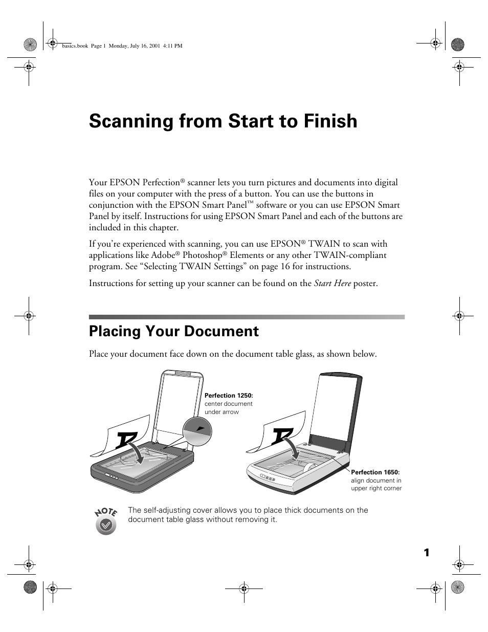 Scanning from start to finish, Placing your document | Epson 1250 User Manual | Page 5 / 48