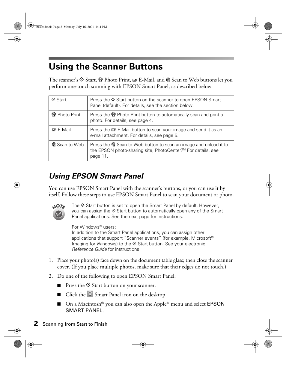 Using the scanner buttons, Using epson smart panel | Epson 1250 User Manual | Page 6 / 48