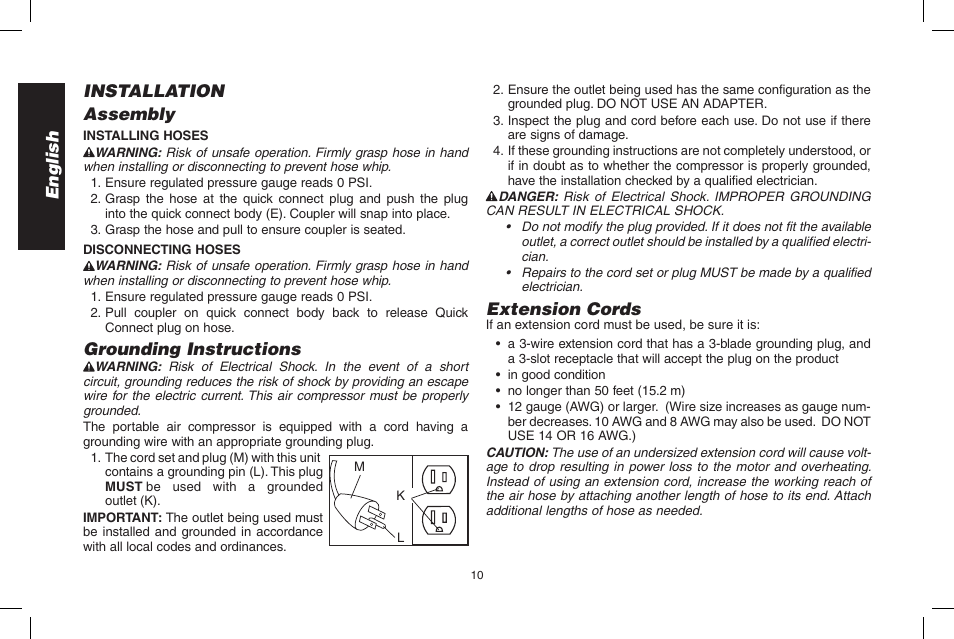 English installation assembly, Grounding instructions, Extension cords | Epson D55168 User Manual | Page 10 / 64