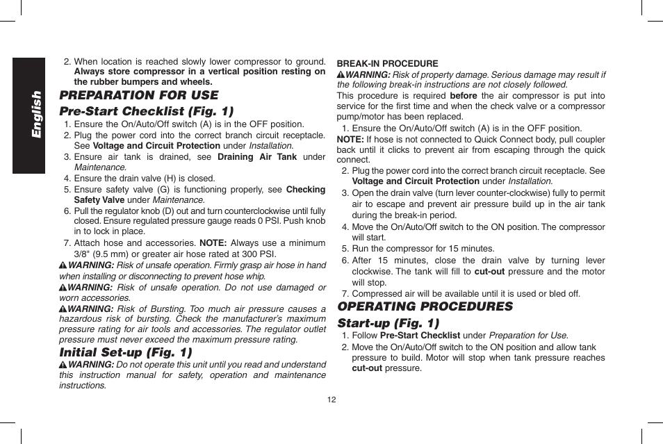 English, Preparation for use pre-start checklist (fig. 1), Initial set-up (fig. 1) | Operating procedures start-up (fig. 1) | Epson D55168 User Manual | Page 12 / 64