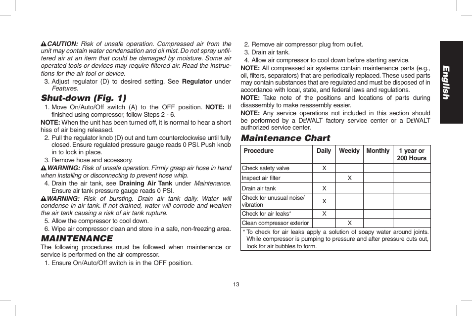 English, Shut-down (fig. 1), Maintenance | Maintenance chart | Epson D55168 User Manual | Page 13 / 64