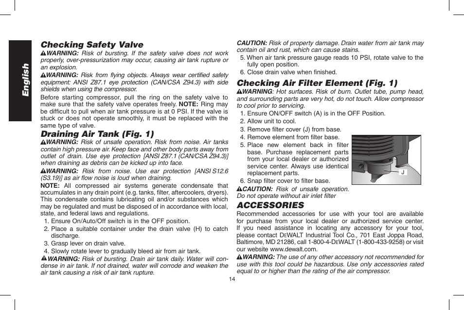 English checking safety valve, Draining air tank (fig. 1), Checking air filter element (fig. 1) | Accessories | Epson D55168 User Manual | Page 14 / 64