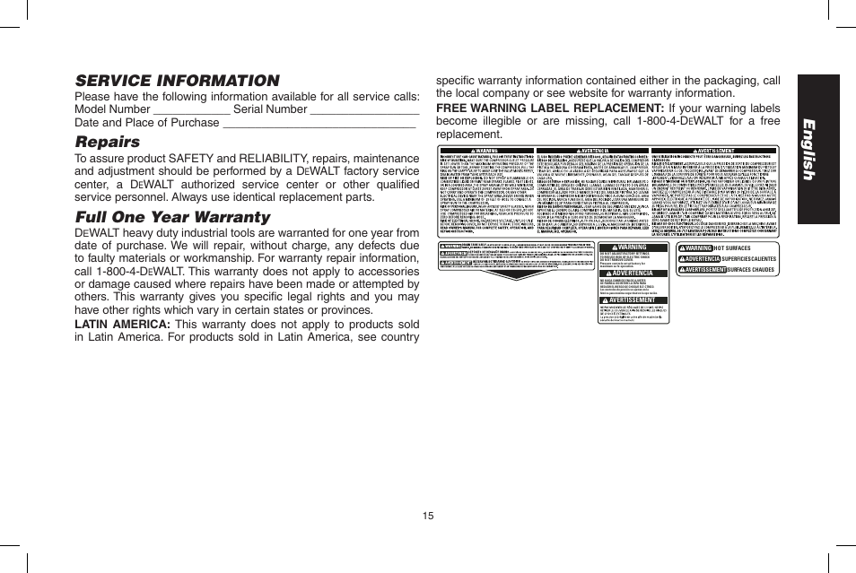 English service information, Repairs, Full one year warranty | Epson D55168 User Manual | Page 15 / 64