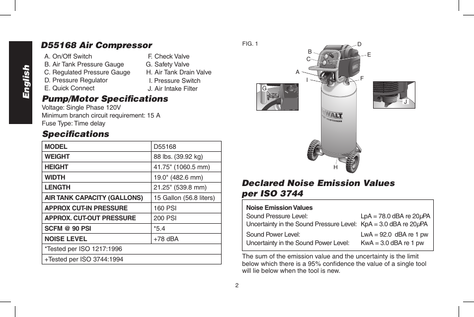 English, Pump/motor specifi cations, Specifi cations | Declared noise emission values per iso 3744 | Epson D55168 User Manual | Page 2 / 64
