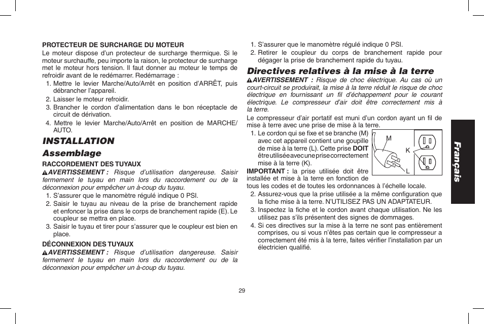 Français, Installation assemblage, Directives relatives à la mise à la terre | Epson D55168 User Manual | Page 29 / 64