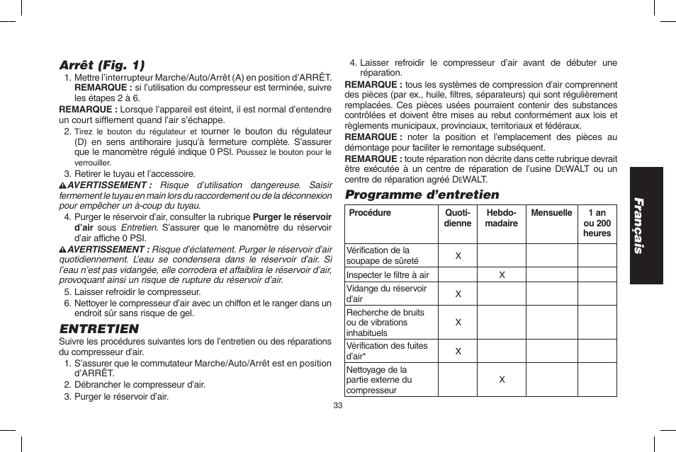 Français arrêt (fig. 1), Entretien, Programme d’entretien | Epson D55168 User Manual | Page 33 / 64