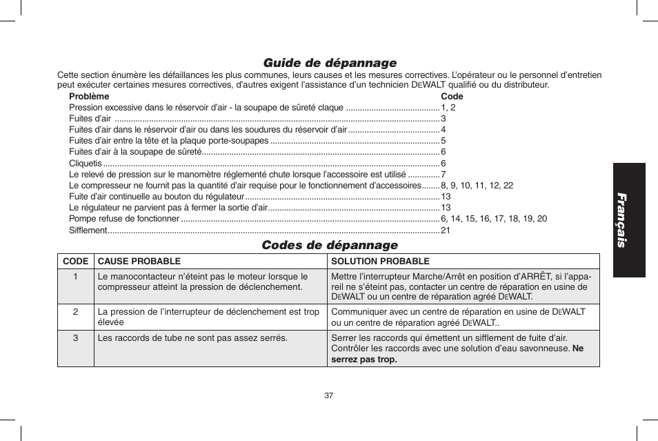 Français guide de dépannage, Codes de dépannage | Epson D55168 User Manual | Page 37 / 64