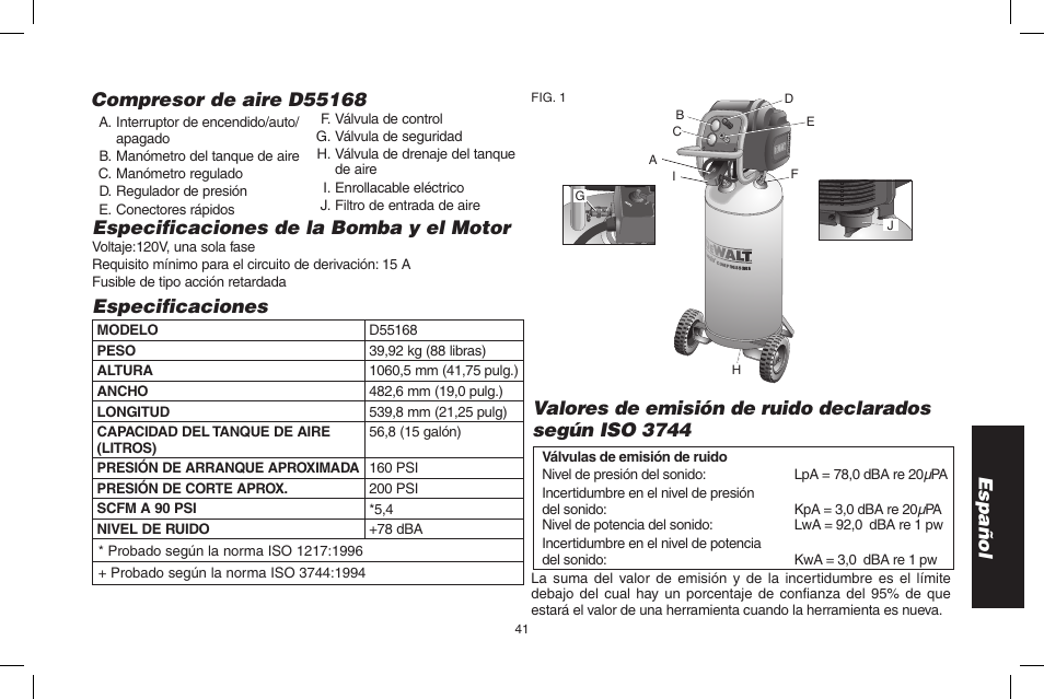 Especificaciones de la bomba y el motor, Especificaciones | Epson D55168 User Manual | Page 41 / 64